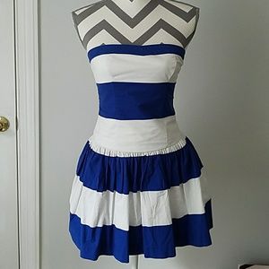Blue and white strapless dress
